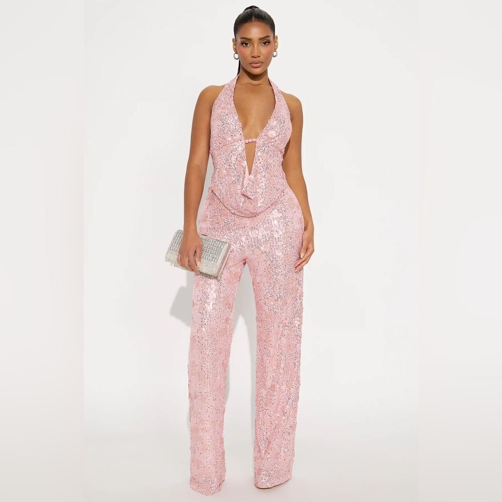 Natalia Sequin Halter Jumpsuit - Pink